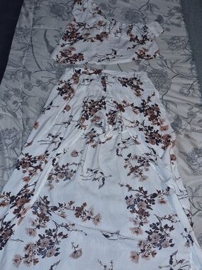 Roxy White Maxi Skirt with Brown & Navy Floral